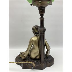 Art Deco style bronzed and gilded spelter figural table lamp with green Uranium glass shade; H48cm, another table lamp; and a bisque group
