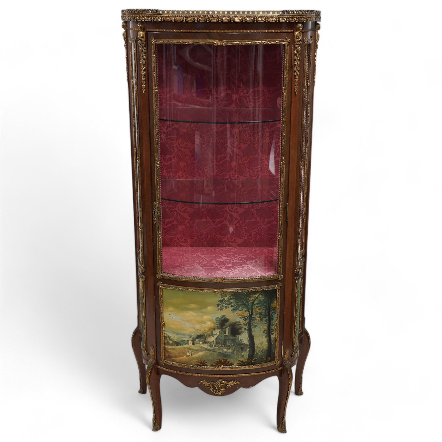 Mid-20th century rosewood vitrine display cabinet, shaped form with cast gilt metal gallery and mounts, enclosed by glazed door with Vernis Martin design panel, fabric lined interior with two glass shelves, on cabriole supports with cast acanthus leaf mounts 