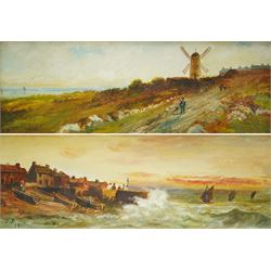J Bell (British Naive School 19th/20th century): Coastal Scene and Windmill, pair oils signed and dated 1908, 13cm x 39cm (2)