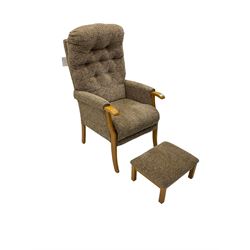 Late 20th century armchair, upholstered in buttoned beige foliate fabric, with matching footstool
