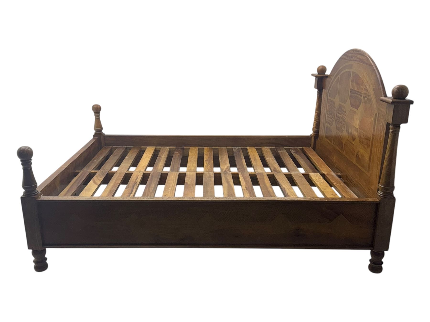 Contemporary mango wood bed frame, comprising an arched panelled headboard and footboard with inlaid geometric patterns, turned posts with spherical finials, and complete with side rails and slatted base