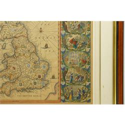 Johannes (Joan) Blaeu (Dutch 1571-1638): 'Britannia Prout Divisa fuit Temporibus Anglo-Saxonum Praesertim Durante Illorum Heptarchia' (Britain as it was Divided During the Anglo-Saxon Times), engraved map of the British Isles with hand-colouring and 14 Dutch style miniature vignettes depicting kings and scenes from Saxon history, later edition 43cm x 54cm