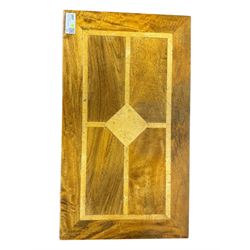 Barker and Stonehouse -  contemporary 'Flagstone' side table, rectangular crossbanded top with central diamond inlay, over single frieze drawer with faceted glass pulls, turned columns and undertier shelf, raised on bun feet