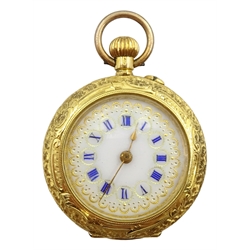  Swiss early 20th century ladies 18ct gold fob watch, the back case decorated with enamelled doves, stamped 18K with Helvetia  Notes: By direct decent from Sharpe family   