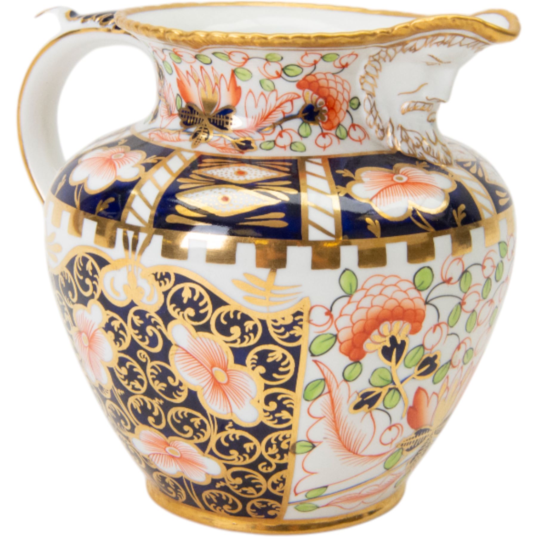 Royal Crown Derby Witches pattern jug, circa 1920s, with mask lip and gold rim, H15cm
