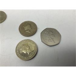 Queen Elizabeth II United Kingdom dual dated 1992/1993 fifty pence coin, five old style two pound coins including 1989 'Bill of Rights' etc and an Isle of Man 2002 two pound coin (7)