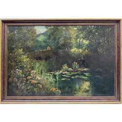 English School (19th/20th century): Fishing amongst the Lily Pads, oil on canvas unsigned 59cm x 90cm