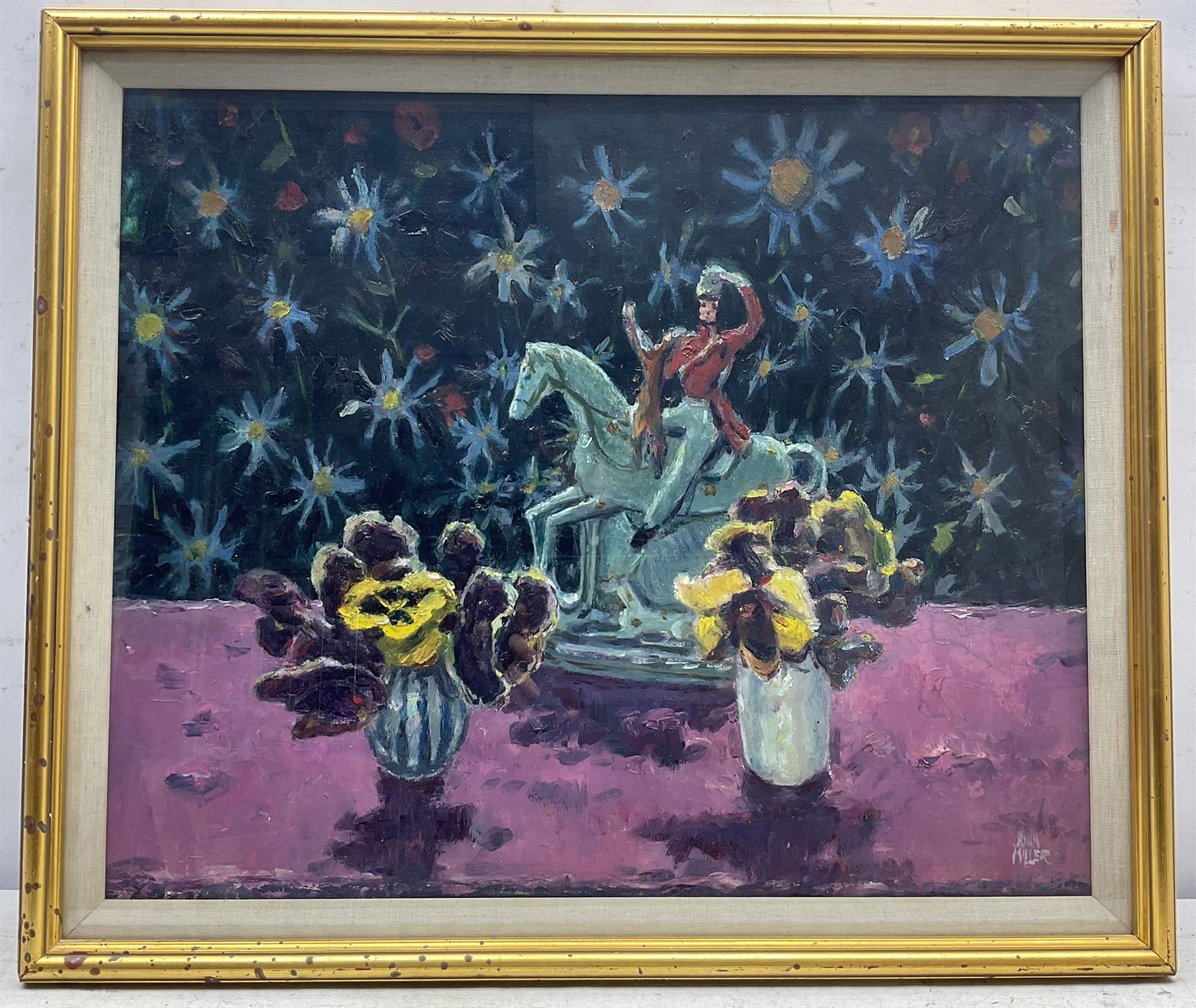 John Miller RSA PRSW (Scottish 1911-1975): 'Staffordshire Figure and Pansies', oil on canvas board signed 48cm x 59cm 
Provenance: with Christie's Scotland, 17th April 1991, Lot 119