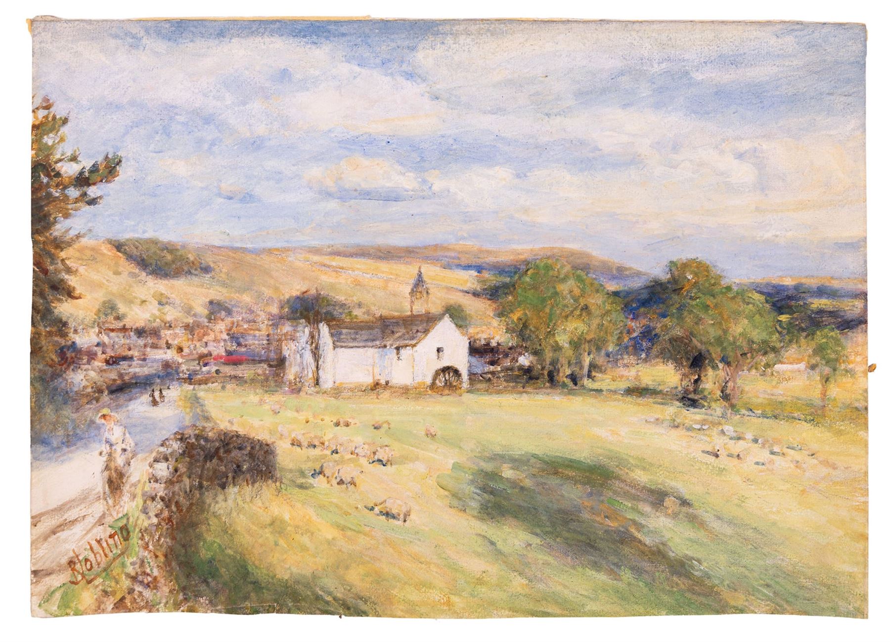 Robert Jobling (Staithes Group 1841-1923): Shepherdess and her Flock by a Watermill, watercolour signed 27cm x 39cm (unframed)