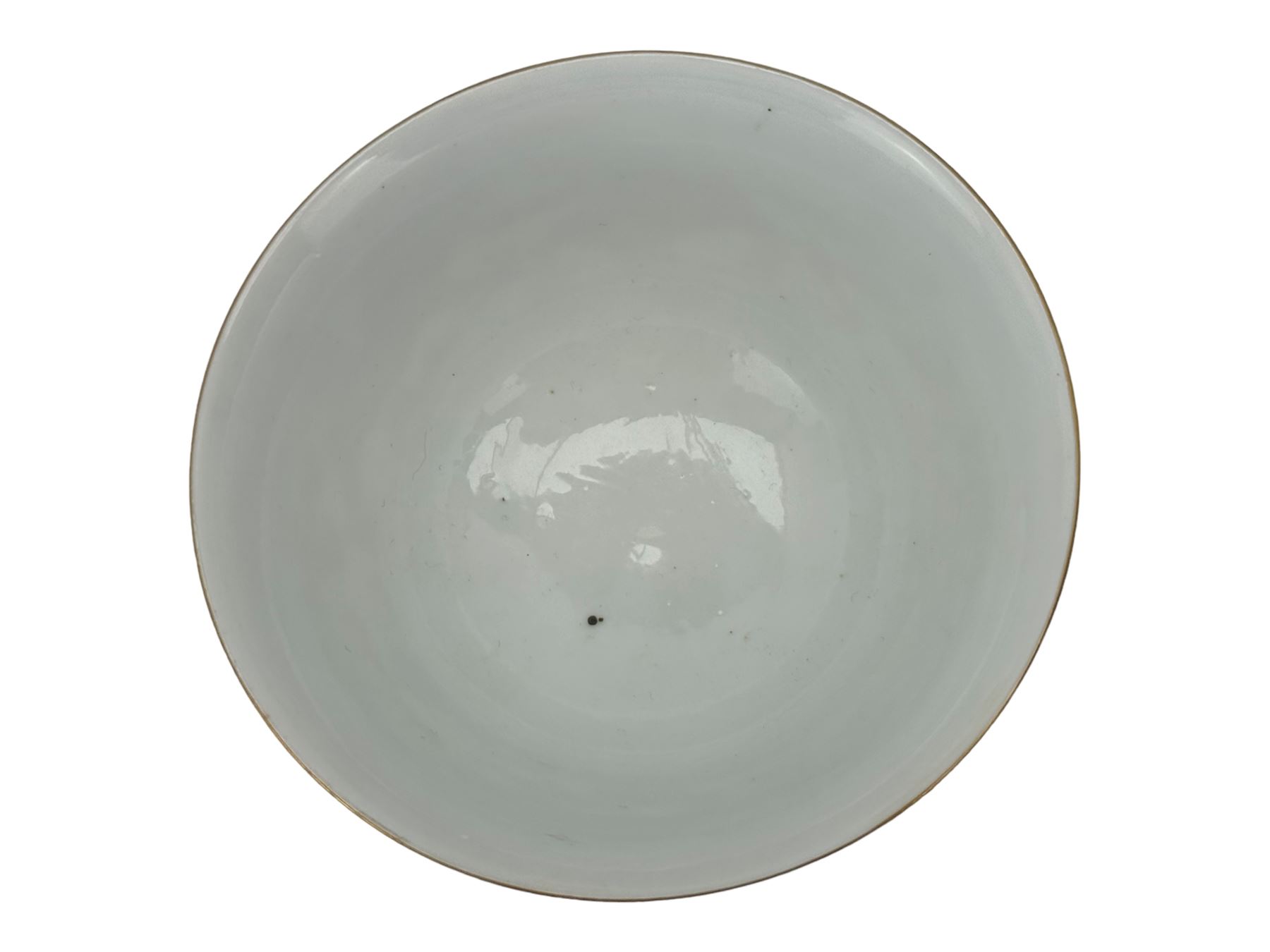 Chinese porcelain iron red tea bowl, the exterior painted with two five claw dragons chasing the flaming pearl, amidst clouds, red Quinlong seal mark beneath, D10.5cm x H6.5cm