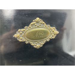 Swiss - 19th-century cylinder music box with three butterfly bells in sight, in a mahogany case with two separately boxed  6” cylinders, glazed viewing lid, 41 tooth comb (one tooth broken) crank key missing, movement untested.