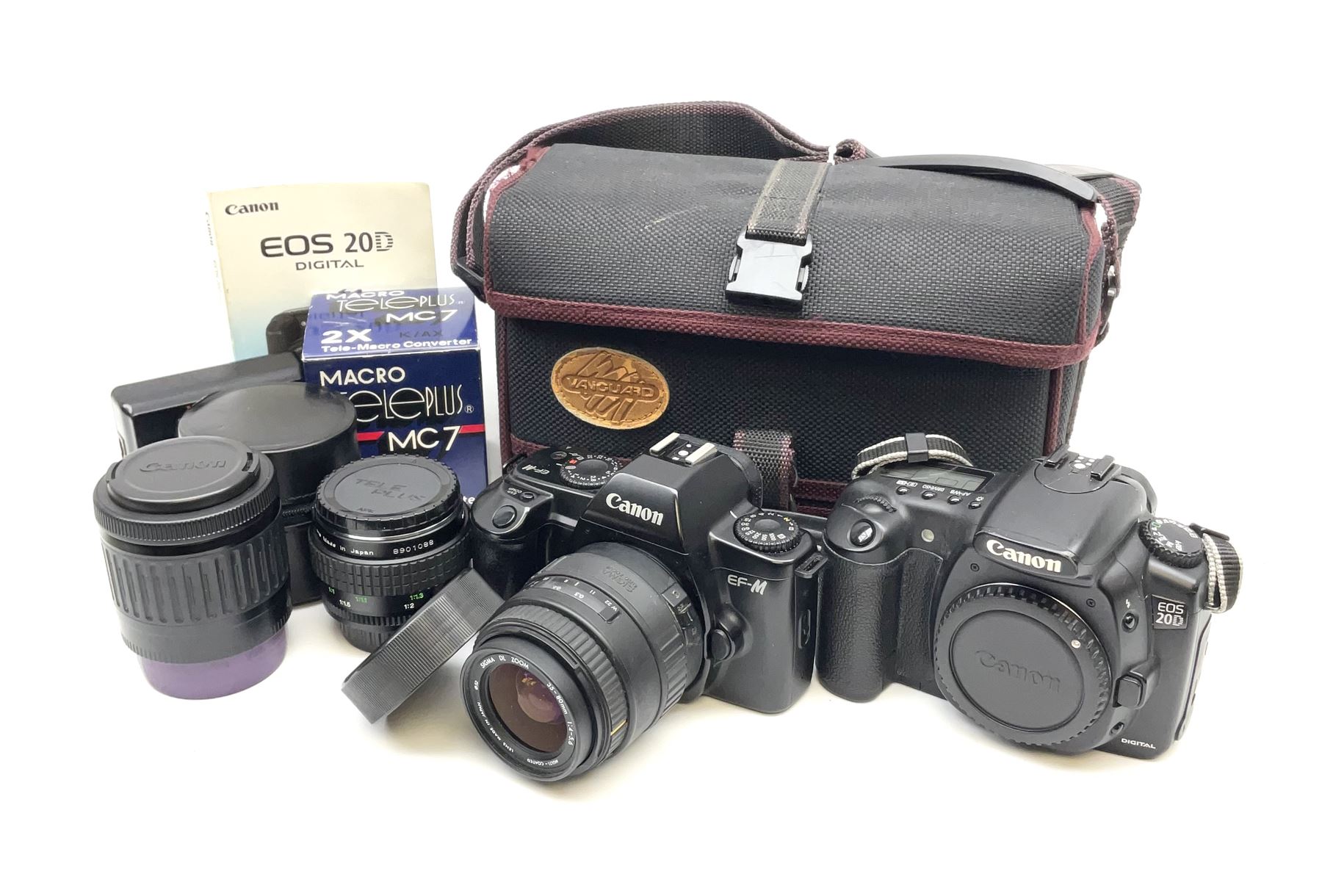 Canon EOS 20D digital camera with 'Canon 35-80mm' lens, with battery dock but no power cable, housed in a soft carry bag, a Canon EF-M camera, with 'Sigma DL Zoom 35-80mm 1:4-5.6' lens and a tele-macro converter