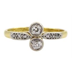 Early 20th century gold two stone old cut diamond ring, with diamond set shoulders, stamped 18ct Plat, total diamond weight approx 0.25 carat