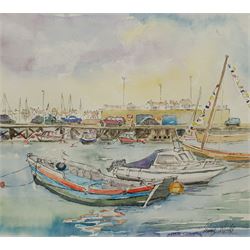 Penny Wicks (British 1949-): 'Bridlington Harbour', watercolour and ink signed, titled on label verso 26cm x 29cm