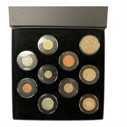 Mostly commemorative coins, medallions and fantasy coinage, including various 'Sainsbury's Makers of the Millennium' medal collection folders containing various medallions, The Toer Mint commemorative four medallion set in fitted case, Queen Elizabeth II 1982 silver proof piedfort twenty pence coin cased with certificate, various part filled The London Mint office folders etc