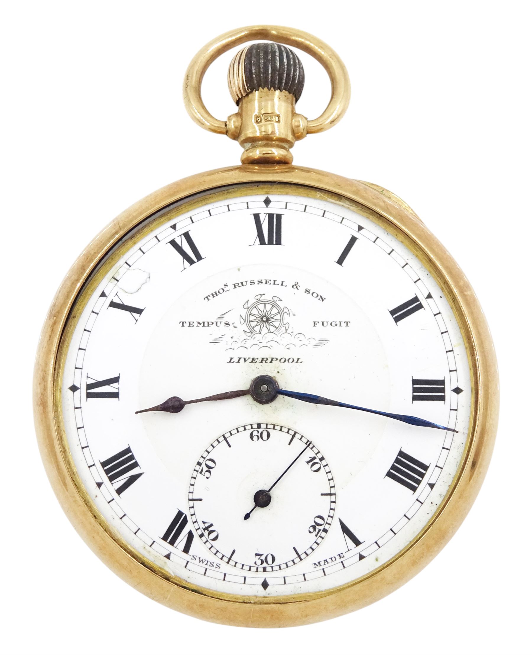 Early 20th century 9ct gold open face 'Tempus Fugit' keyless lever pocket watch by Thomas Russell & Sons, Liverpool, No. 33820, white enamel dial with Roman numeral hour markers and subsidiary seconds dial, case by Dennison, Birmingham  1921