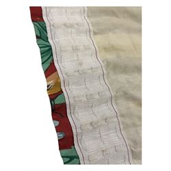 Two pairs of mid-20th century Liberty 'Fintry' gathered curtains, designed with floral and foliage motifs on a rich red ground with contrasting green panels