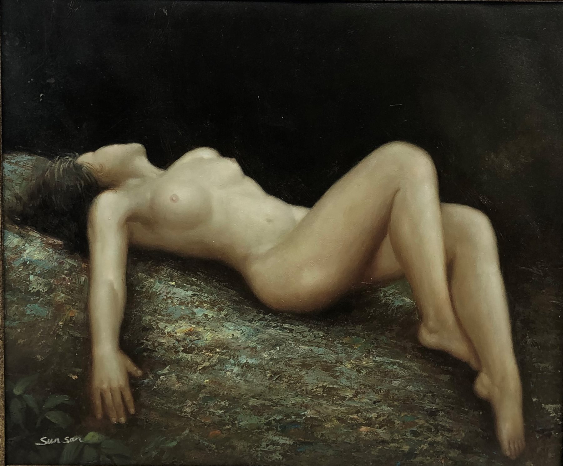 Sun San (Contemporary): Reclining Nude, oil on canvas signed 49cm x 59cm