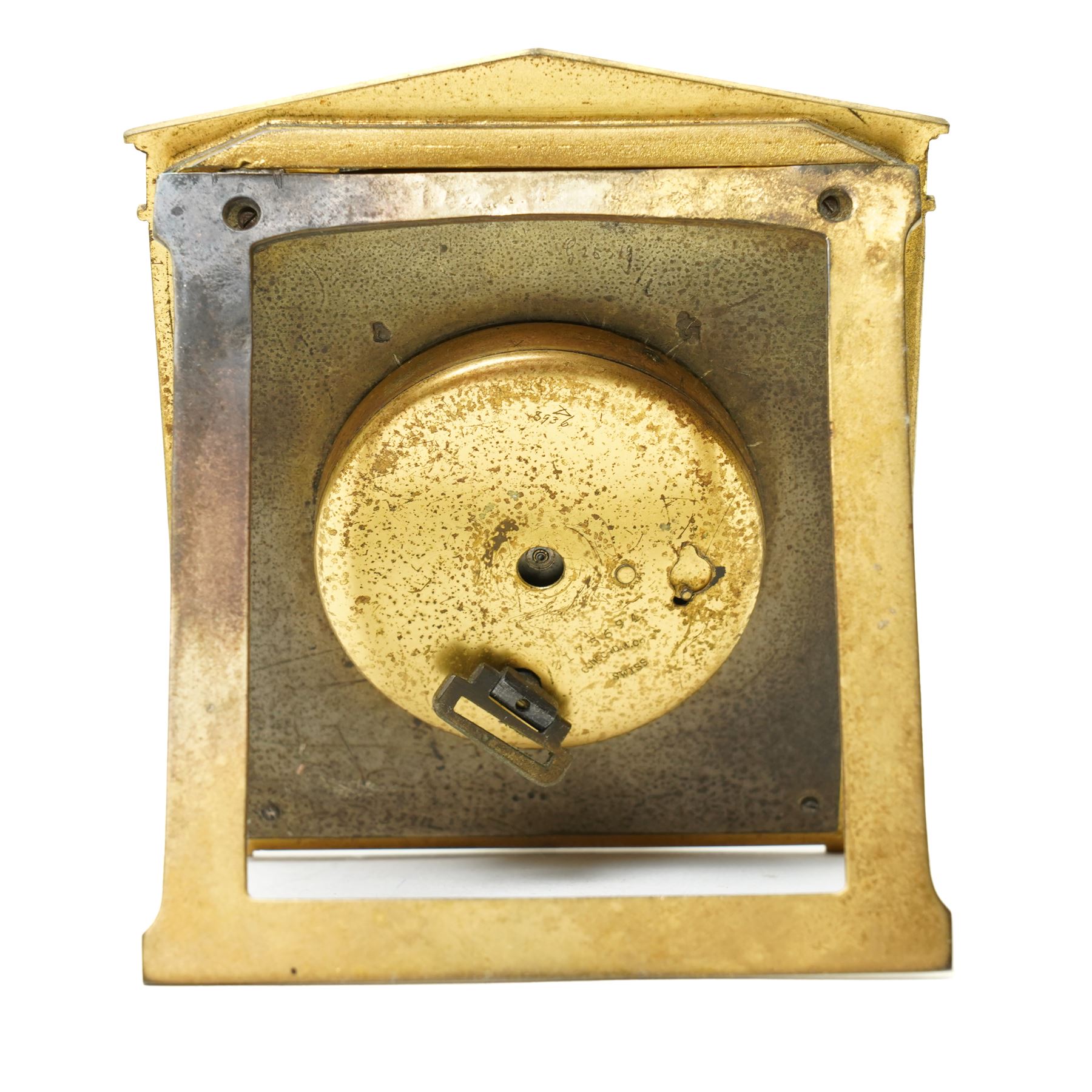 Concord & Co - Early 20th century Swiss travelling clock retailed by Asprey & Co, London in neo classical gilt metal case and outer leather travelling case No.2175694, clock size 9cm x 8cm