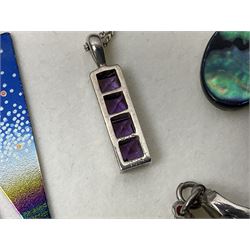 Pair of silver amethyst earrings and matching necklace, together with silver green hardstone bracelet, other silver jewellery and costume jewellery, mostly boxed