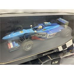 Three Minichamps 1:18 scale die-cast racing cars - Bar 01 Supertec R. Zonta 1999; Benetton b197 Renault G. Berger; and Benetton F1 G. Fisichella; all boxed (3)