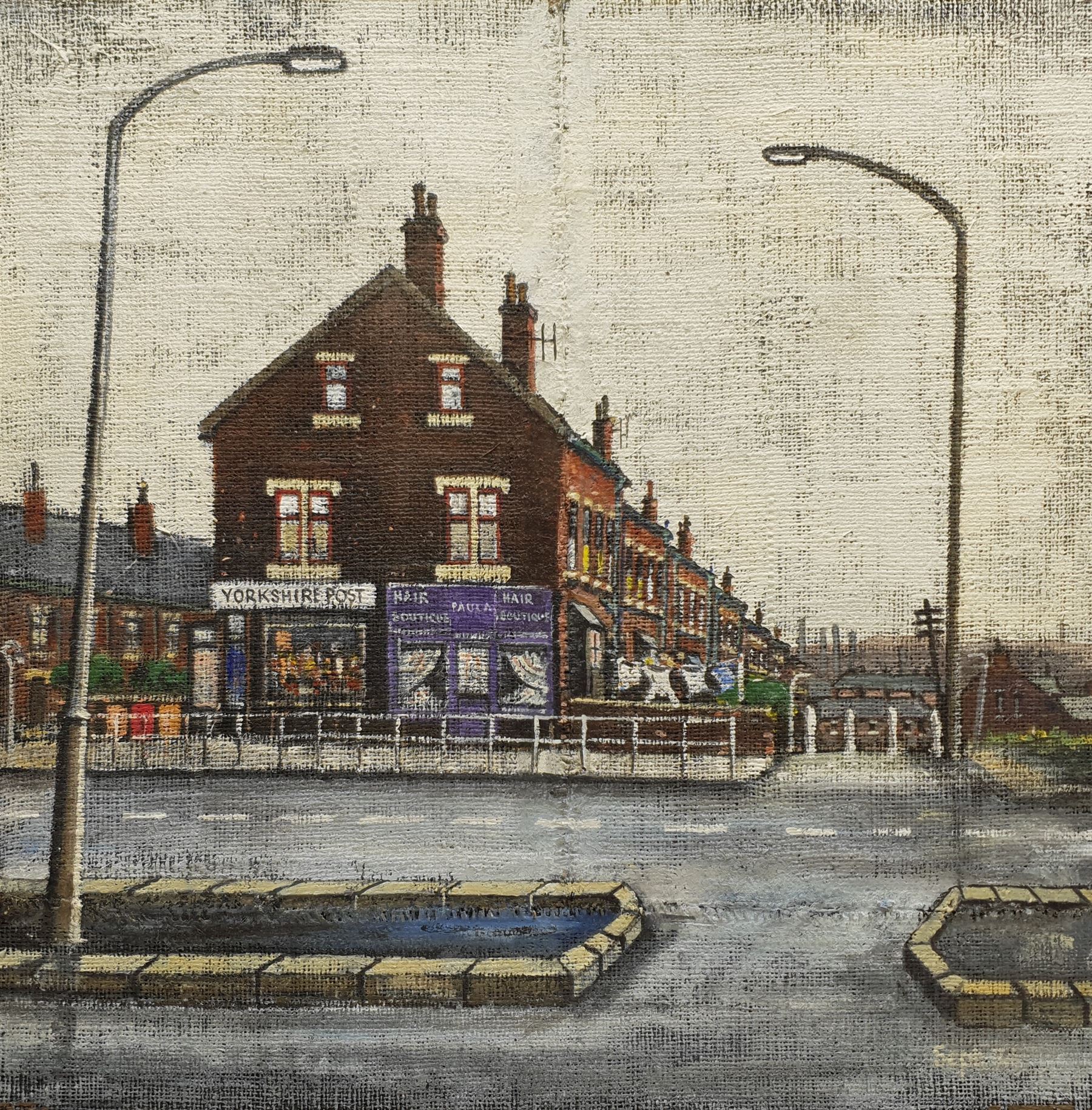 Stuart Walton (Northern British 1933-): Terraced Street Leeds, oil on board unsigned dated Nov. 74 - the reverse mounted with a canvas 'York Road Leeds' dated Sept. 74, 59cm x 59cm