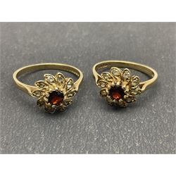 Two 9ct gold garnet and paste stone set cluster rings and a Early 20th century gold brooch, stamped 9ct