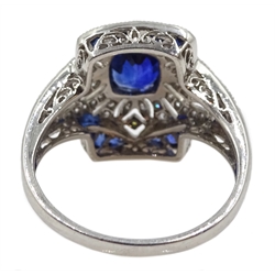 Platinum sapphire and diamond dress ring, pierced openwork setting