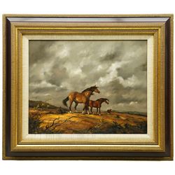 Barbara Gudrun Sibbons (German 1925-): Horses on a Windswept Moor, oil on board signed 39cm x 49cm