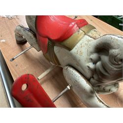 1960's Mobo Toys (David Sebel & Co) Prairie King spring rocking horse on stand, painted pressed steel construction, red tubular stand, trademark red and yellow circular Mobo logo, 100cm long (dismantled)