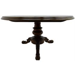 Victorian mahogany breakfast or centre table, circular moulded tilt-top, on turned pedestal and stepped moulded circular platform, three cartouche carved splayed supports carved with scrolled terminals, on castors 