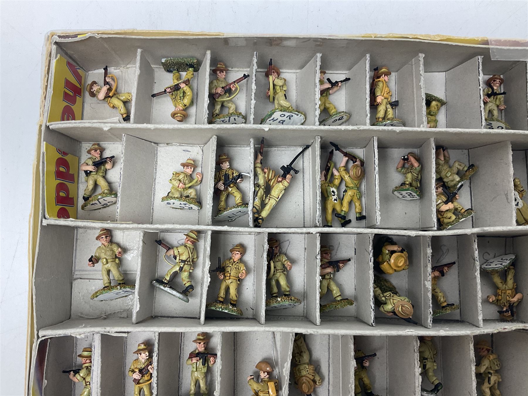 Lamming Miniatures - Bill Lammings own 1970s promotional display set of sixty-seven 25mm miniature WW2 Australian Infantry soldiers with mortar team and four machine guns; hand painted by Bill Lamming for exhibition