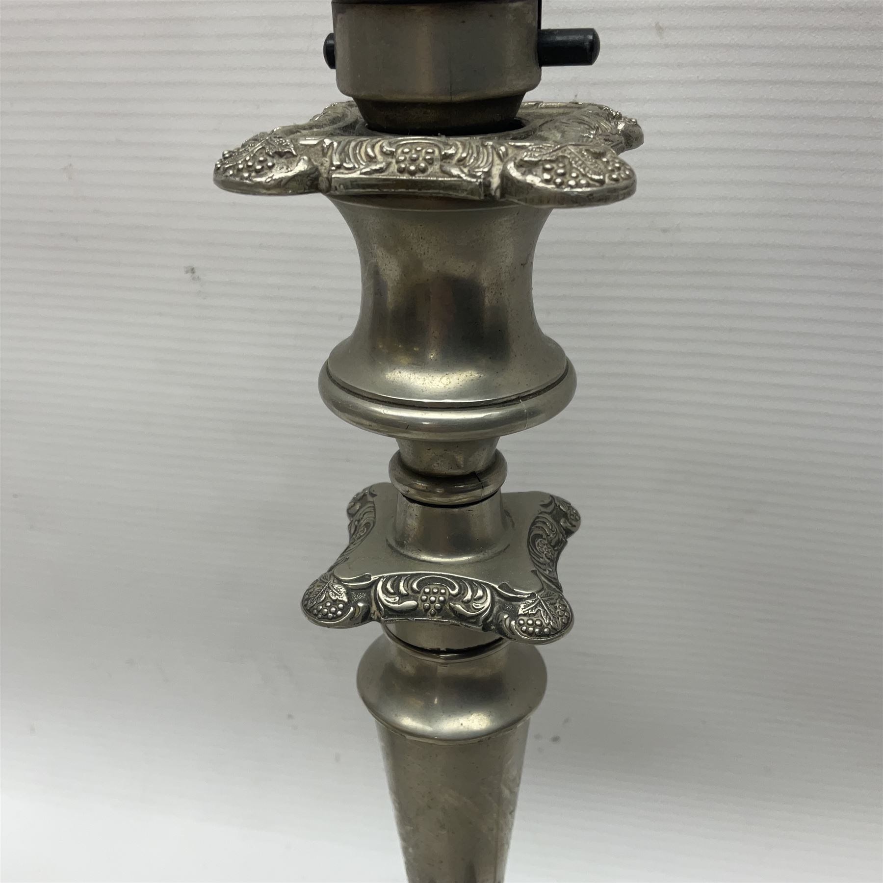 Pair of Corinthian column candlesticks, and a silver plated lamp, candlesticks H26cm