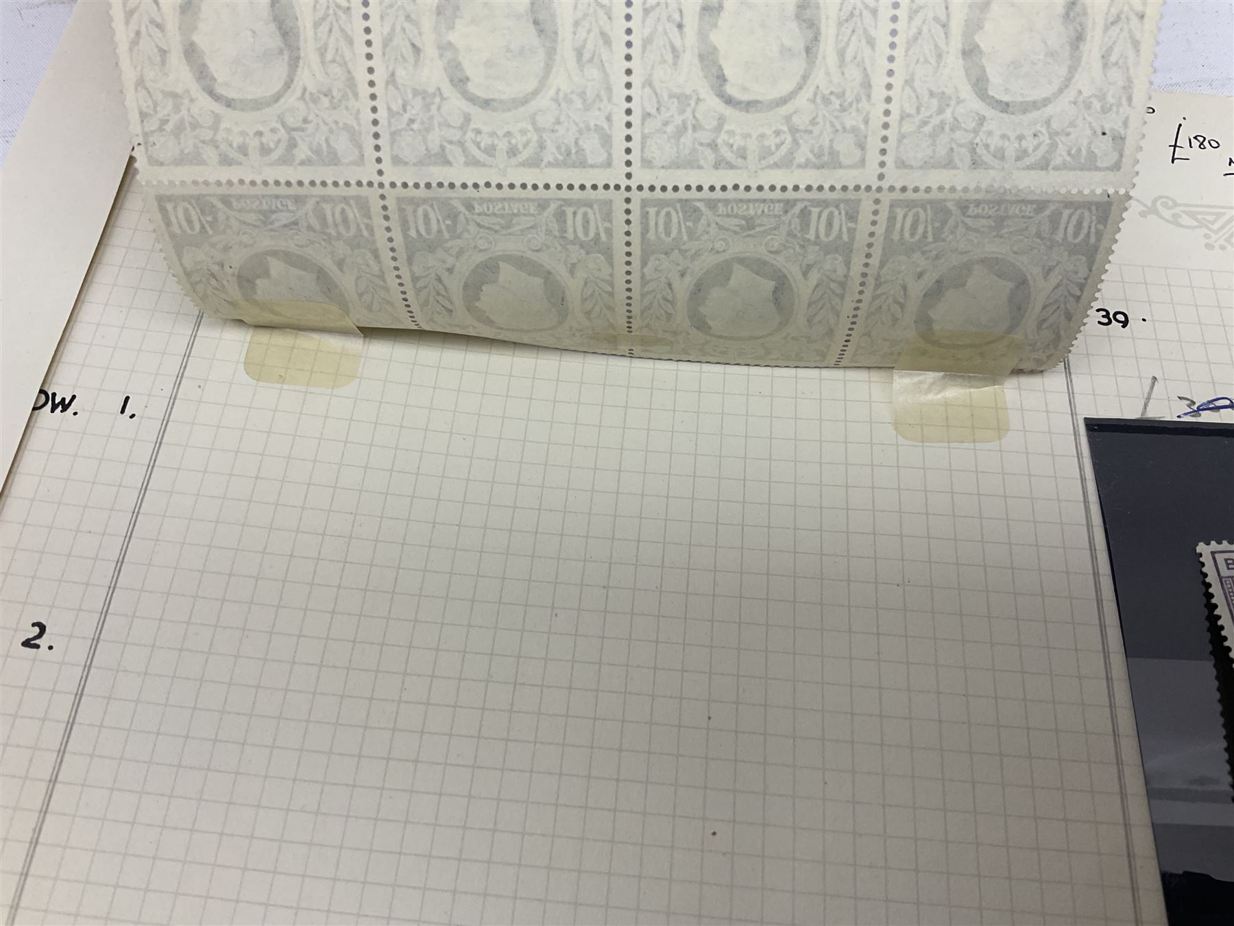 Queen Victoria and later Great British stamps, including five shillings, three pence block of four, block of twenty King George VI used ten shillings dark blue etc