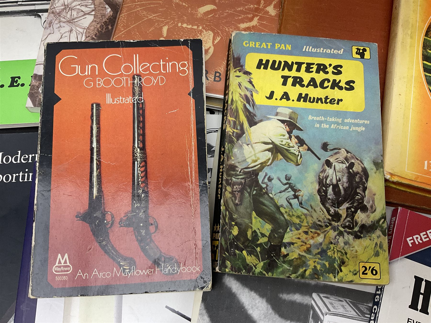 Collection of books, pamphlets and catalogues on guns and shooting including Colin Greenwood: Rook & Rabbit Rifle. 2006; Frank de Haas: Bolt Action Rifles. 1984 and Single Shot Rifles and Actions. 1969; Ian Skinnerton: .577 Snider-Enfield Rifles and Carbines. 2003 and two Small Arms Identification Series booklets; two Collectors Guides on Air Rifles by D.E. Hiller etc; and Bruce Bairnsfather Bystander's Fragments From France No.4