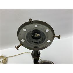 Art Deco style bronzed and gilded spelter figural table lamp with green Uranium glass shade; H48cm, another table lamp; and a bisque group