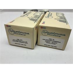 Three Lansdowne Models 1:43 scale models - 1956 Willerby Vogue Caravan; 1960 Bedford Dormobile Romany De-Luxe in green and white; and 1972 Vauxhall VX4/90 (Sapphire Starmist-met); all boxed (3)