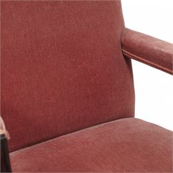 Georgian design mahogany Gainsborough chair, upholstered in pink fabric, curved and moulded arm supports, on moulded square front supports united by H-stretchers 