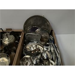 Two boxes of silver plate to include pair of bud vases, tea sets, placemats, candlestick etc