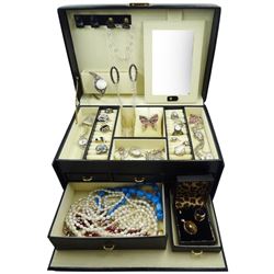 Silver and stone set silver jewellery including ten rings, three pendant necklaces, seven pairs of earrings and two silver quartz wristwatches etc, all stamped or hallmarked, in black leatherette jewellery box 