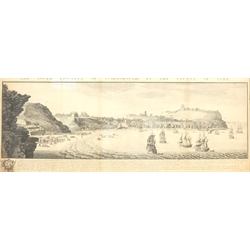 After Samuel Buck (British 1696-1779) and Nathaniel Buck (British 18th century): 'The South Prospect of Scarborough in the County of York', 18th century engraving pub. London 1745, 31cm x 80cm