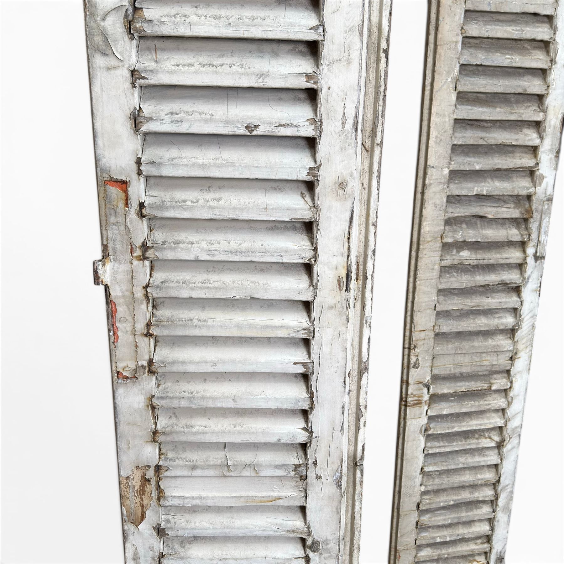 Two pairs of 19th century full height folding French Chateau louvre doors, pitch pine in cream painted finish, dimensions approx.