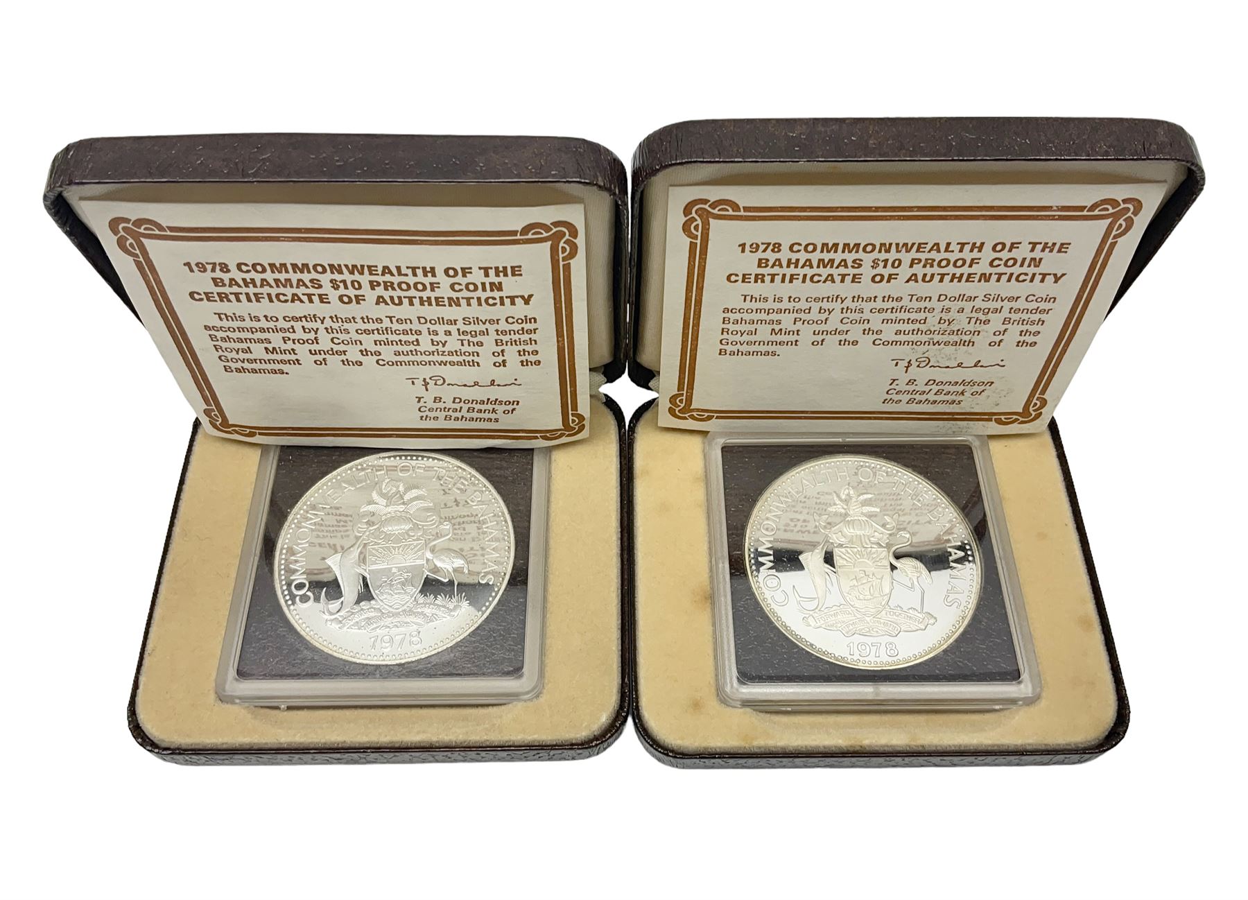 Two Commonwealth of the Bahamas 1978 ten dollar silver coins, both cased with certificates