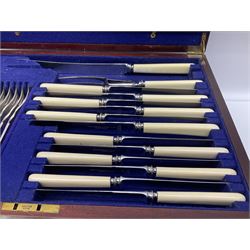 Partially stocked single drawer mahogany cutlery canteen with assorted silver plated fiddle pattern and other cutlery; and quantity of loose cutlery including large service of old English pattern, fish eaters, various servers etc