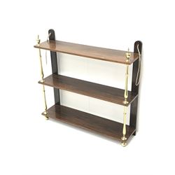 Regency style rosewood three tier wall hanging etagere, brass finials and columns