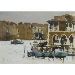 John Yardley (British 1933-): 'By The Fish Market', watercolour signed, titled on Richard Hagen, Broadway gallery label verso 24cm x 34cm