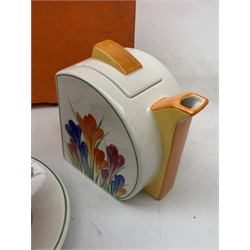 A limited edition Wedgwood Clarice Cliff Tea For Two set, comprising teapot, and two teacups and saucers, decorated in the crocus pattern, with boxes and certificates. 
