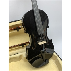 Modern black lacquered violin with 35.5cm back, 59cm overall, in carrying case with two bows