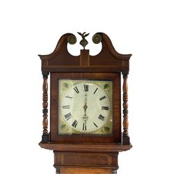 Unsigned - mid-19th century 30 hour oak and mahogany longcase clock, with a swans neck pediment and ball and eagle finial, square hood door flanked by turned pilasters, trunk with recessed pillars and a short trunk door, square plinth with a raised panel on bracket feet, painted dial with Roman numerals, minute track, brass hands and painted spandrels, with a count wheel chain driven striking movement striking the hours on a bell. With pendulum and weight.  
