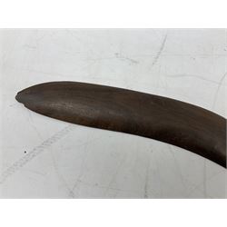 Australian aboriginal woomera spear thrower incised/carved with a wavy line and dots L69cm; and two boomerangs, one with carved geometric decoration (3)